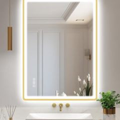 600x800 mm Gold-Bathroom-Mirror-with-LED-Lights, LED-Bathroom-Mirror-Wall-Mounted with Bluetooth, Anti-fog, 3 Colours Dimmable, Memory Function, IP44, Tempered Glass, Horizontal/Vertical