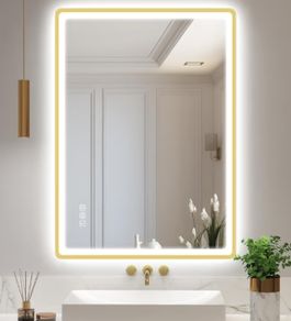 600x800 mm Gold-Bathroom-Mirror-with-LED-Lights, LED-Bathroom-Mirror-Wall-Mounted with Bluetooth, Anti-fog, 3 Colours Dimmable, Memory Function, IP44, Tempered Glass, Horizontal/Vertical