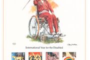 1981 Great Britain Limited Edition Lithographed Print measuring 333mm X 257mm showing International Year for the Disabled Commemorative stamps with First Day of Issue Cancel