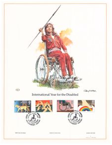 1981 Great Britain Limited Edition Lithographed Print measuring 333mm X 257mm showing International Year for the Disabled Commemorative stamps with First Day of Issue Cancel
