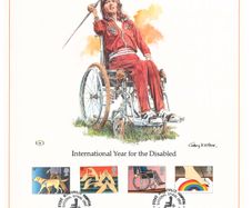 1981 Great Britain Limited Edition Lithographed Print measuring 333mm X 257mm showing International Year for the Disabled Commemorative stamps with First Day of Issue Cancel