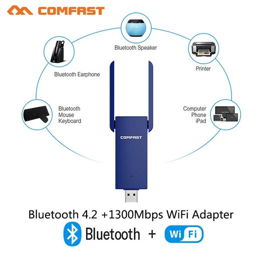 COMFAST Bluetooth+WiFi(1300Mbps) Dual Band (2.4G/5G) USB Adapter/Dongle+Hotspot - 2x3dbi Foldable External Antennas (Brand New/Warranty)