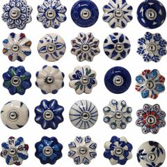 Ceramic Knobs Colorful Blue for Kitchen Cabinets Bathroom Cupboards Dresser Drawers Chest Handmade Pottery Set of 25
