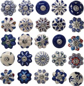 Ceramic Knobs Colorful Blue for Kitchen Cabinets Bathroom Cupboards Dresser Drawers Chest Handmade Pottery Set of 25