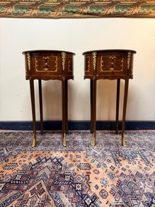 Beautiful Pair of Oval Veneer and Brass Decorated Lockers / Nightstands