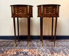 Beautiful Pair of Oval Veneer and Brass Decorated Lockers / Nightstands