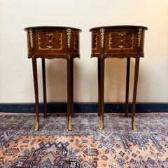Beautiful Pair of Oval Veneer and Brass Decorated Lockers / Nightstands