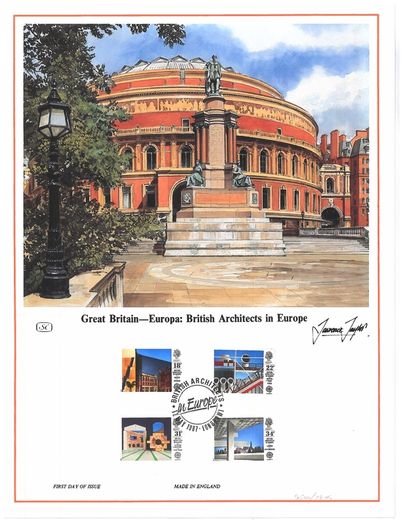 1987 Great Britain Limited Edition Lithographed Print measuring 333mm X 257mm showing EUROPA Stamps - Modern Architecture Commemorative stamps with First Day of Issue Cancel