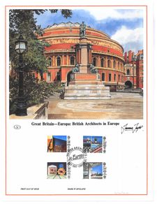 1987 Great Britain Limited Edition Lithographed Print measuring 333mm X 257mm showing EUROPA Stamps - Modern Architecture Commemorative stamps with First Day of Issue Cancel