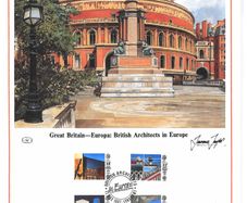 1987 Great Britain Limited Edition Lithographed Print measuring 333mm X 257mm showing EUROPA Stamps - Modern Architecture Commemorative stamps with First Day of Issue Cancel