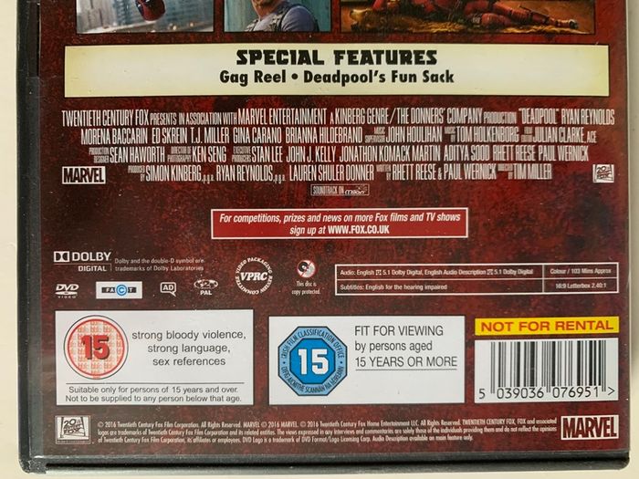 Deadpool (Marvel) [2016] Ryan Reynolds, Ed Skrein, T.J. Miller, Gina Carano, Brianna Hildebrand & Morena Baccarin [1xDVD Movie]