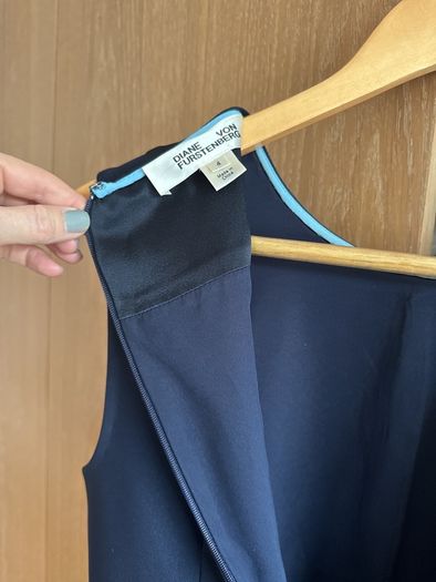 Diane Von Furstenberg navy knee length shift dress with satin detailing, size 4 (UK 8)