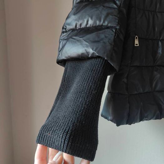 Black MOTIVI jacket with knitted removable cuffs  and removable fur collar