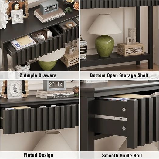 Narrow Fluted Console Table with 2 Drawers and Open Shelf Modern Painted Wood Sofa Table for Hallway, Living Room or Behind Couch (Black)
