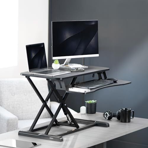 Standing 81 cm Desk Converter, Height Adjustable Riser, Sit to Stand Dual Monitor and Laptop Workstation with Wide Keyboard Tray, Black