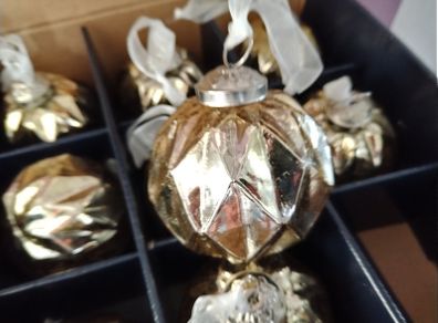 Box of x12 Gold Speckle Geometric Style Glass Christmas Baubles