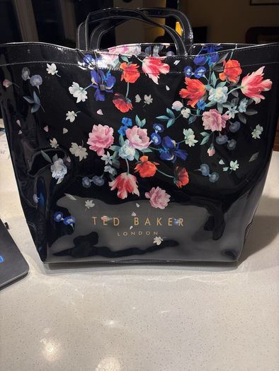 Ted Baker Black Patent with Floral Pattern Large Tote / Shopper Bag - as new condition