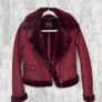Pull&Bear Size S Burgundy Faux Suede Shearling Aviator Jacket Fur Lined Biker Coat Image 3