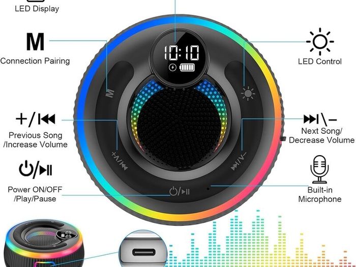 Bluetooth Shower Speaker, 2025 Portable Bluetooth Speaker 5.3 with Time Display, IPX7 Waterproof with Suction Cup, RGB Lights, Stereo Bass, Wireless for Bathroom/Party/Travel/Outdoor, Black