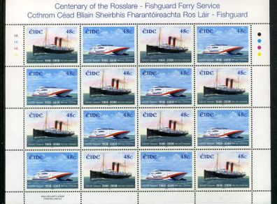 2006 Ireland Centenary of the Rosslare - Fishguard Ferry Service Commemorative Stamp Sheetlet Plate 1A1A1A1A Mint Never Hinged (MNH).