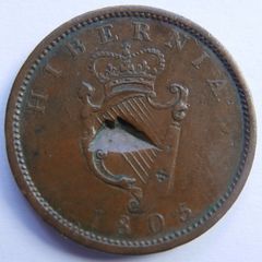 1805 Hibernia Penny. King George III Hibernia Penny.