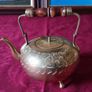 Vintage Solid Brass Art Deco Engraved With Decorations Footed Medium Size Tea Pot With Lid And Wooden Handle Made In India Image 5