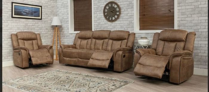 Luxury Tan & Grey Suede Recliner Sofa Set