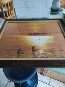 Framed Fisherman Painting Sunset Original On Paper Signed And Framed Sunset Asian Fishing Site.