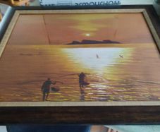 Framed Fisherman Painting Sunset Original On Paper Signed And Framed Sunset Asian Fishing Site.