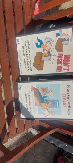 2 x framed safety pictures for ESB illustrated images,,,buyer collects, nice for any advertising wall display,,one glass broke on one picture,but can be easy replace ,,sold as seen,I reckon 80s 90s
