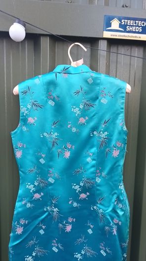 Vintage blue cheongsam, brocade, small, hand taylored, D18 post 6e
