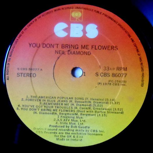 Neil Diamond You Don't Bring Me Flowers Irish pressing