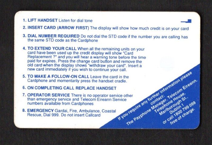 1991 Ireland 10 unit Horse Racing in Ireland Definitive Call Card with Schlumberger SC5 Chip, Marlborough Street Address, Gloss finish, White back, Blue solid Flag, No Barcode Used. Telecom Eireann card number 1034.