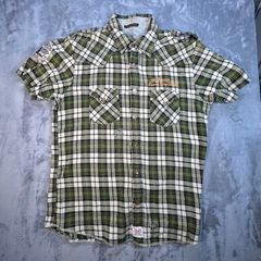 VTG Joe Bloggs Shirt - Size M - Green Orange Plaid - Mens 90s Pearl Snap