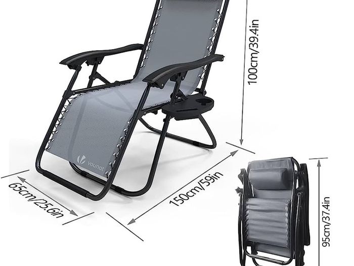 Zero Gravity Chair, Folding Sun Loungers, Recliner Garden Chairs, Outdoor Deck Chairs with Cup and Phone Holder, Grey (FREE SHIPPING)