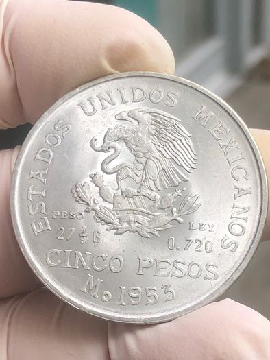 Mint State Mexico 5 Pesos 1953 Hidalgo Silver