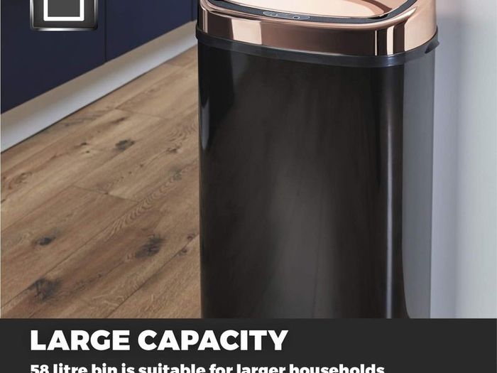 Kitchen Bin with Sensor Lid, Automatic Soft-Close, Manual Override, 58 Litre, Black and Rose Gold