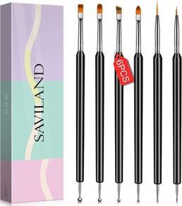 Nail Art Brushes- 6pcs Double-End Nail Art Brushes Kit Professional Manicure Tools Kit with Painting Dotting Line Pen for Gel Polish Nail Designs Nail Carving French Nails