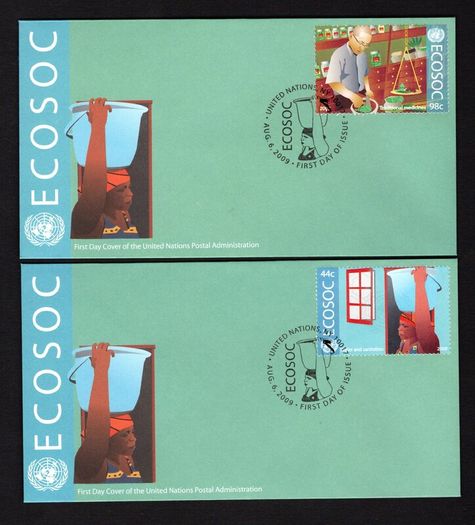 2009 United Nations (US, Geneva & Vienna) Economic & Social Council Commemorative Stamps United Nations Postal Administration First Day Covers (6) with individual stamp