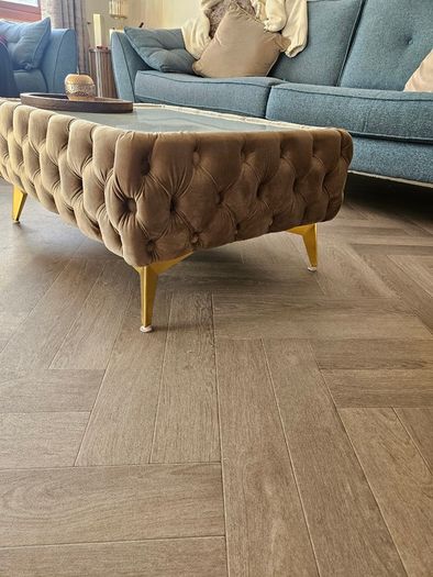 Velvet button-tufted coffee table with glass top