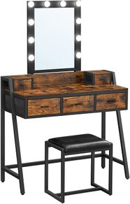 _Dressing Table Dressing Table Vanity Table with Stool 10 LED Bulbs Adjustable Brightness Mirror Bedroom Dressing Room Industrial Design Vintage Brown-Black