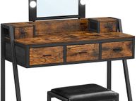 main image for ad _Dressing Table Dressing Table Vanity Table with Stool 10 LED Bulbs Adjustable Brightness Mirror Bedroom Dressing Room Industrial Design Vintage Brown-Black