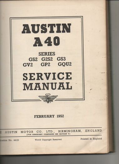 Austin "A40" Devon Factory Service Manual 1953