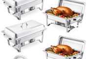 Chafing Dish Buffet Set, 8 Qt 4 Pack, Stainless Steel Chafer with 4 Full Size Pans, Rectangle Catering Warmer Server with Lid Water Pan Stand Fuel Holder, for Weddings Parties Banquets, Silver