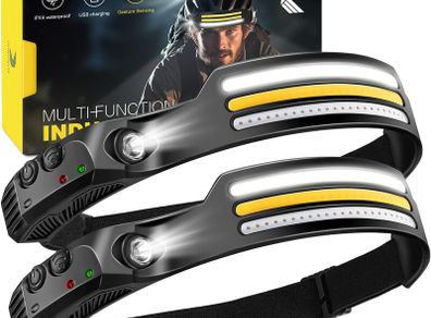 2-Pack-Head Torch Rechargeable-Super-Bright-LED-Headtorch-Headlamp with Sensor Control-Headlight-10 Light Modes-IPX4 Waterproof-Adjustable Strap-Lightweight-For Running-Camping-Cycling-Fishing,