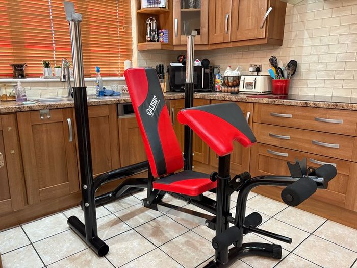 Fantastic Gym Weightlifting Set, Squat Rack, Bench, Preacher, Leg Developer, Weights, Bars + More!!