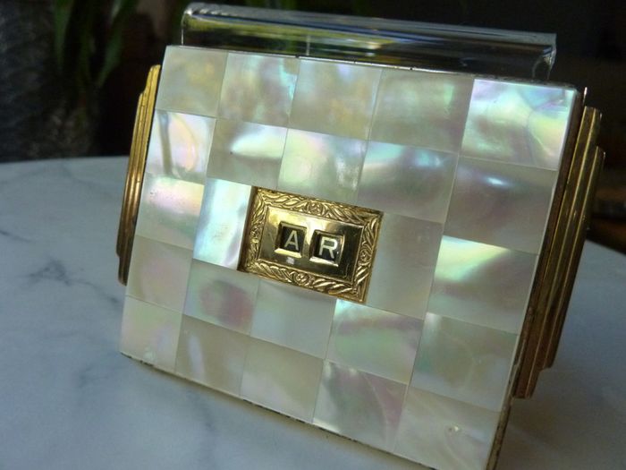 Rare and Genuine Art Deco AGME Switzerland Gold Tone Mother of Pearl Compact with Adjustable Initials