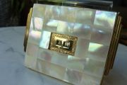 Rare and Genuine Art Deco AGME Switzerland Gold Tone Mother of Pearl Compact with Adjustable Initials