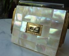 Rare and Genuine Art Deco AGME Switzerland Gold Tone Mother of Pearl Compact with Adjustable Initials