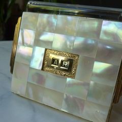 Rare and Genuine Art Deco AGME Switzerland Gold Tone Mother of Pearl Compact with Adjustable Initials